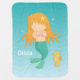 Cute Mermaid Girl and Seahorse For Baby Girls Receiving Blanket