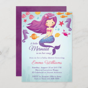 Cute Mermaid Girl Baby Shower Invitation - Purple