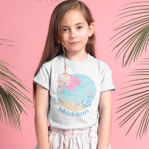 Cute Mermaid Girl Beach Birthday Party Custom Age Toddler T_shirt