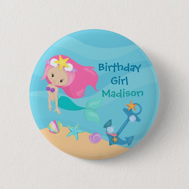 Cute Mermaid Girl Beach Birthday Party Custom Button (Front)