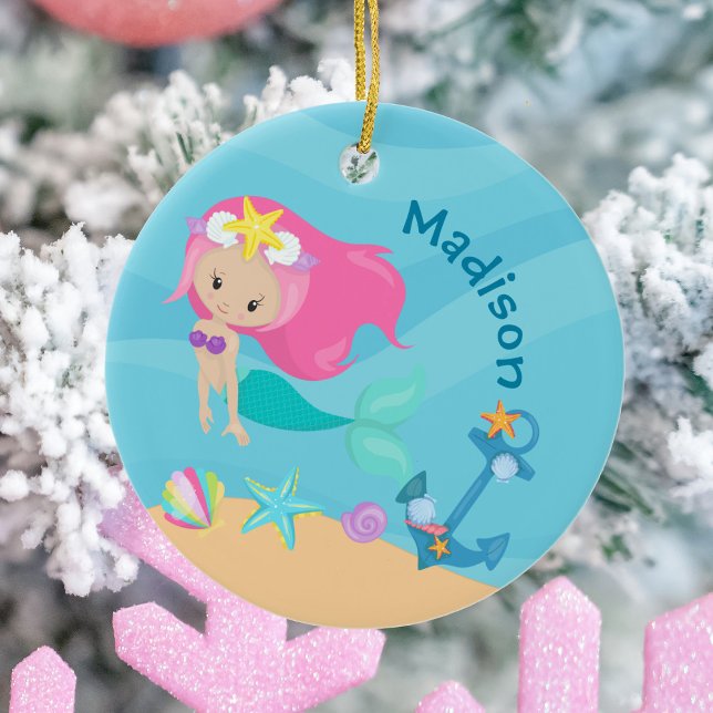 Cute Mermaid Girl Beach Birthday Party Custom Ceramic Ornament (Creator Uploaded)