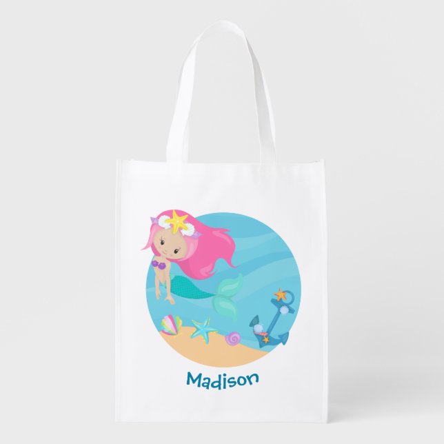 Cute Mermaid Girl Beach Birthday Party Custom Grocery Bag (Front)