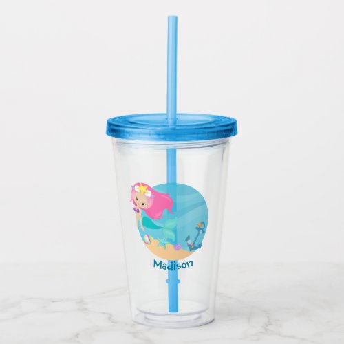 Cute Mermaid Girl Beach Birthday Party Custom Kids Acrylic Tumbler