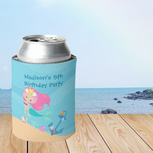 Cute Mermaid Girl Beach Custom Kid Birthday Party Can Cooler