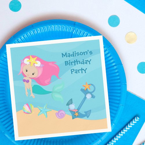 Cute Mermaid Girl Beach Custom Kid Birthday Party Napkins