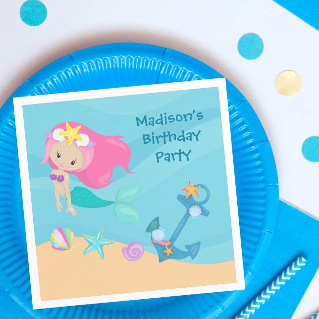 Cute Mermaid Girl Beach Custom Kid Birthday Party Napkins (Creator Uploaded)