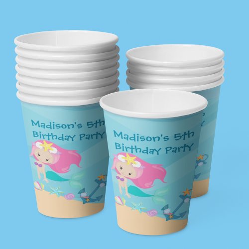 Cute Mermaid Girl Beach Custom Kid Birthday Party Paper Cups