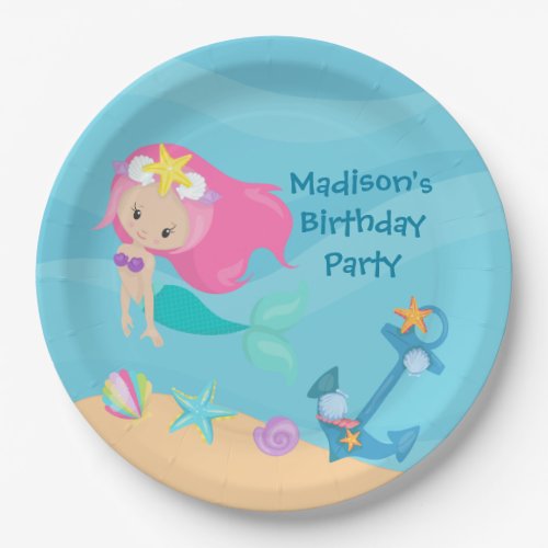 Cute Mermaid Girl Beach Custom Kid Birthday Party Paper Plates