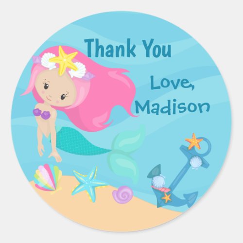 Cute Mermaid Girl Beach Custom Kids Birthday Party Classic Round Sticker