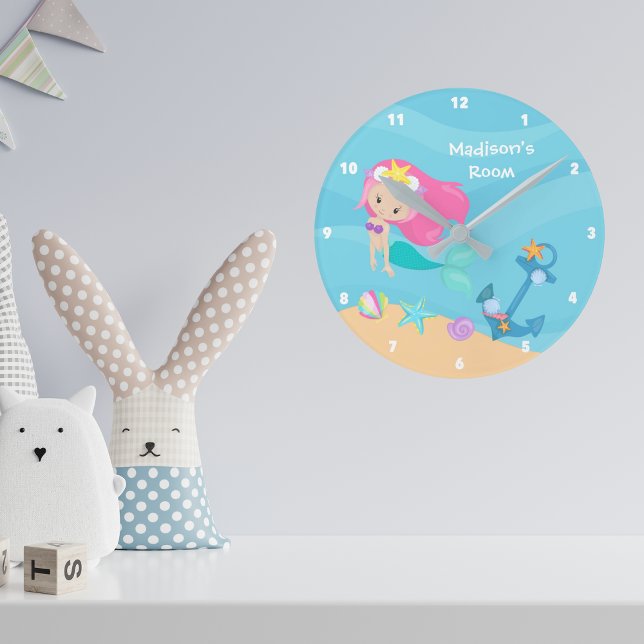 Cute Mermaid Girl Beach House Personalized Kids Round Clock (Creator Uploaded)