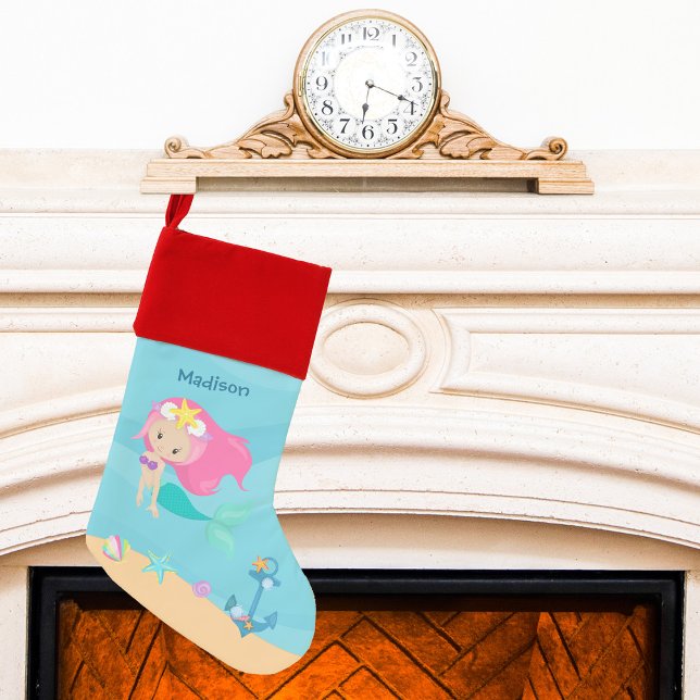 Cute Mermaid Girl Beach Kids Seaside Personalized Christmas Stocking (Creator Uploaded)