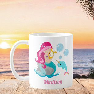 Cute Mermaid Girl Beach Narwhal Monogram Kids Coffee Mug