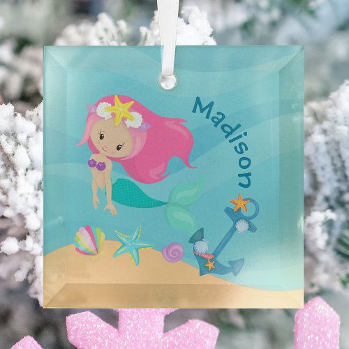 Cute Mermaid Girl Beach Personalized Christmas Glass Ornament