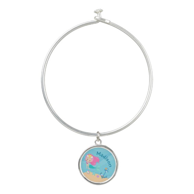 Cute Mermaid Girl Beach Personalized Kids Ocean Bangle Bracelet (Front)