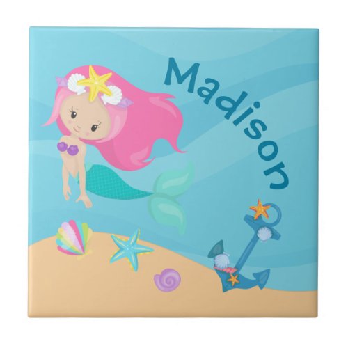 Cute Mermaid Girl Beach Personalized Kids Ocean Ceramic Tile