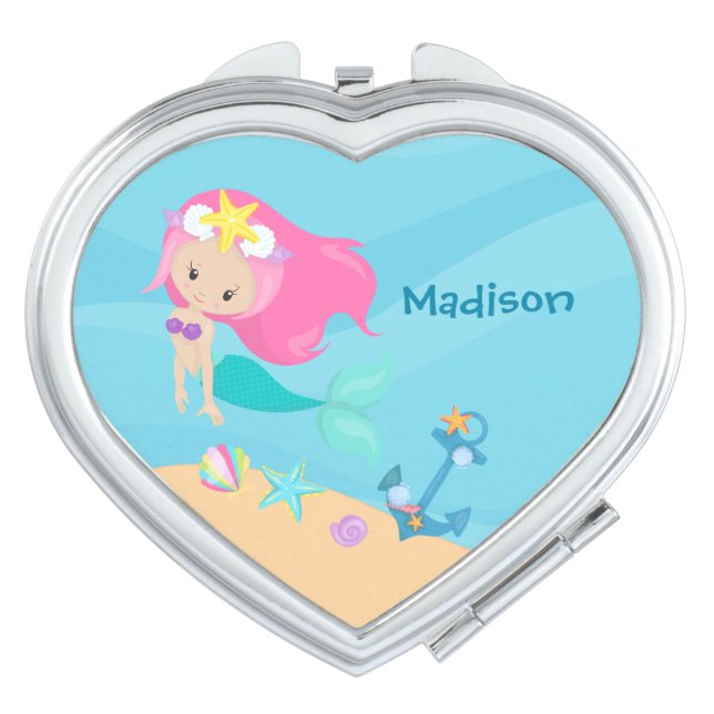 Cute Mermaid Girl Beach Personalized Kids Ocean Compact Mirror (Front)