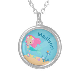 Cute Mermaid Girl Beach Personalized Kids Ocean Silver Plated Necklace
