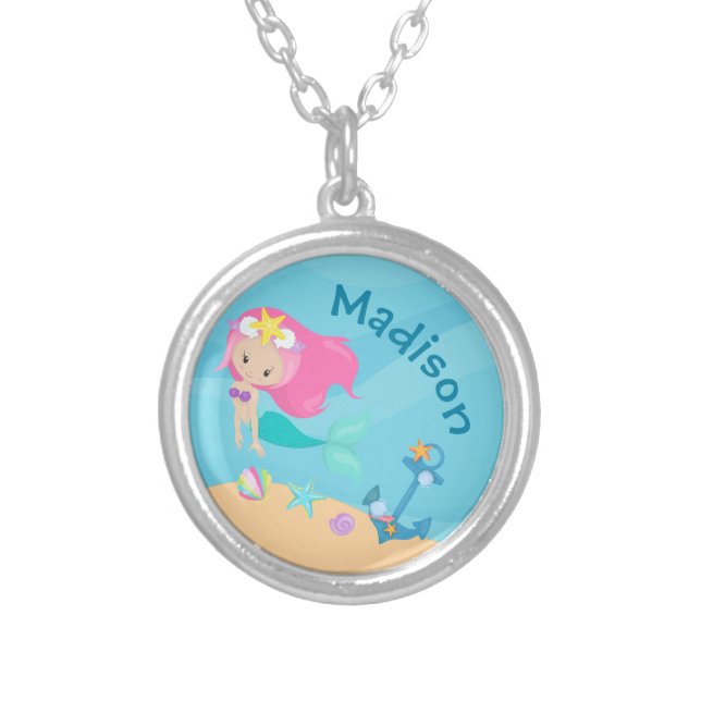 Cute Mermaid Girl Beach Personalized Kids Ocean Silver Plated Necklace (Front)