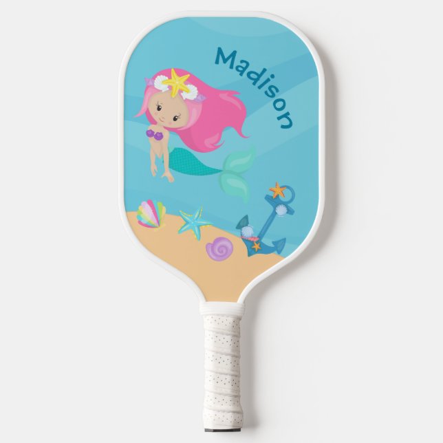 Cute Mermaid Girl Beach Personalized Kids Seaside Pickleball Paddle (Front)
