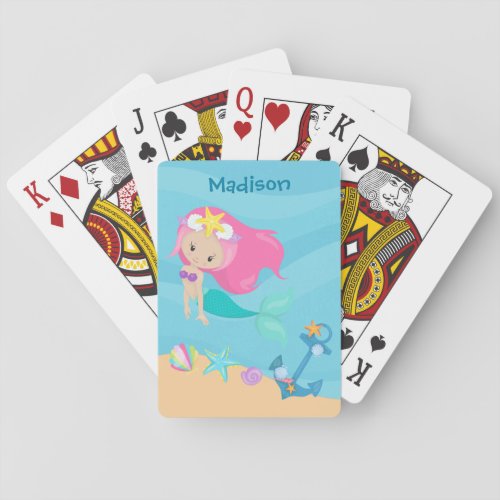 Cute Mermaid Girl Beach Personalized Kids Summer Poker Cards