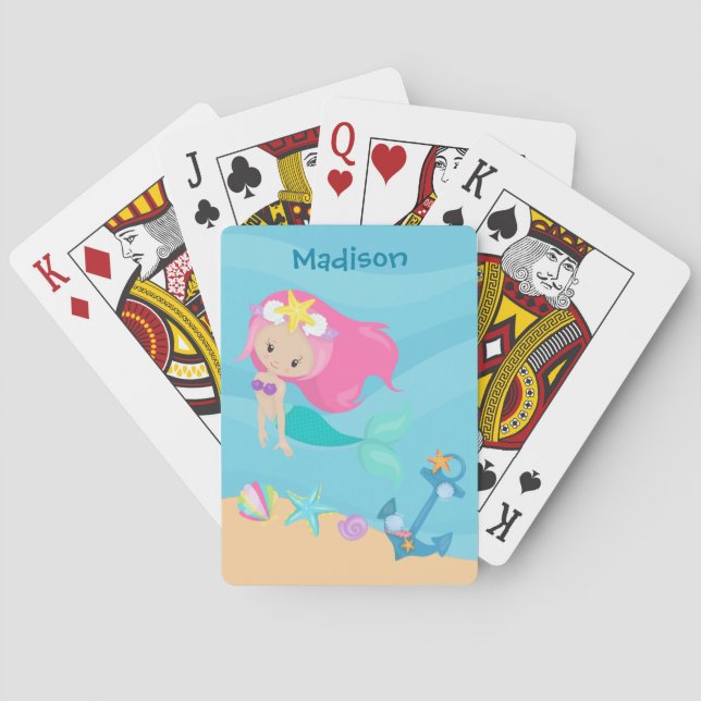 Cute Mermaid Girl Beach Personalized Kids Summer Poker Cards (Back)