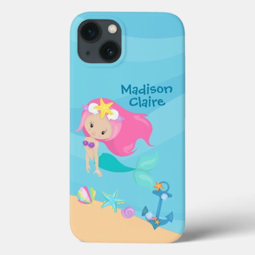 Cute Mermaid Girl Beach Personalized Pretty Kids iPhone 13 Case