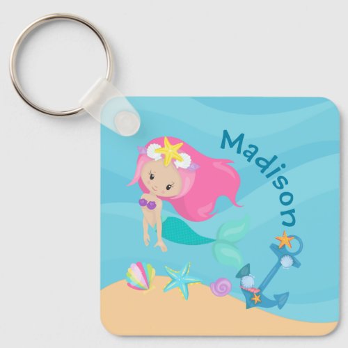 Cute Mermaid Girl Beach Personalized Summer Keychain