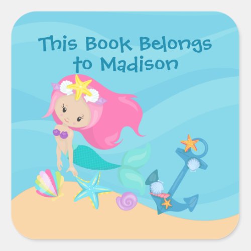 Cute Mermaid Girl Beach This Book Belongs To Square Sticker