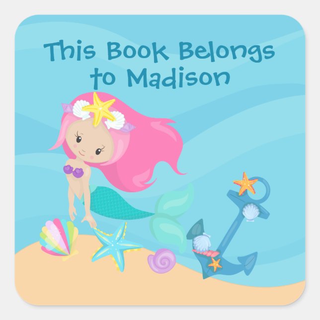 Cute Mermaid Girl Beach This Book Belongs To Square Sticker (Front)