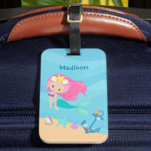 Cute Mermaid Girl Beach Trip Personalized Kids Luggage Tag