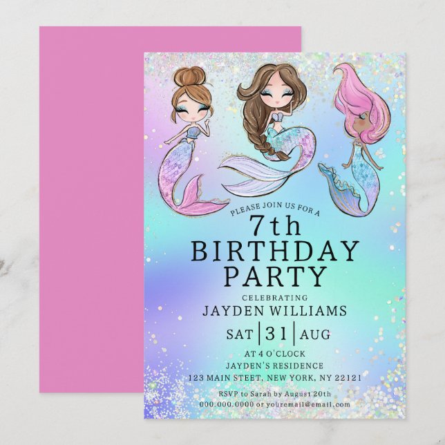 Cute Mermaid Girl Birthday Invitation (Front/Back)