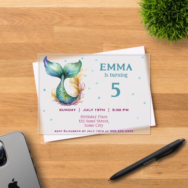 Cute Mermaid Girl Birthday Party  Acrylic Invitations (Insitu (Invitation Card))