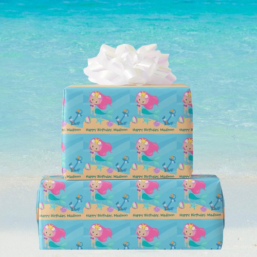 Cute Mermaid Girl Birthday Party Custom Beach Wrapping Paper