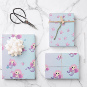 Cute Mermaid Girl Birthday Party Wrapping Paper Sheets