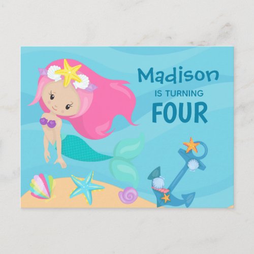 Cute Mermaid Girl Custom Birthday Party Invitation Postcard