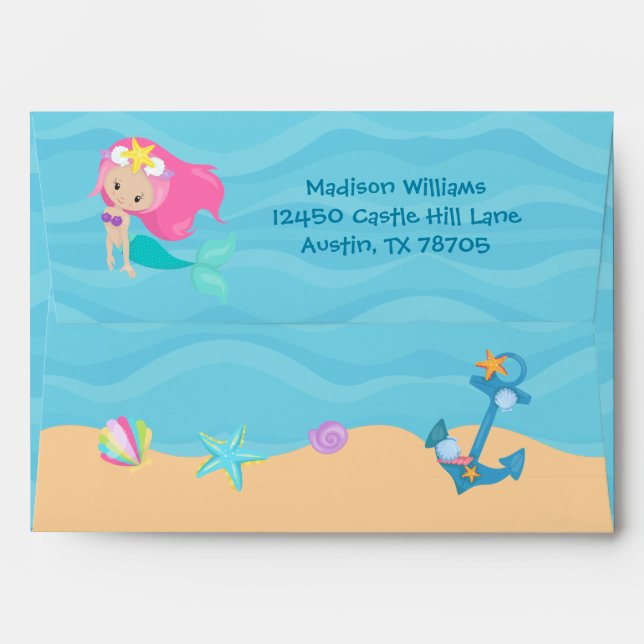 Cute Mermaid Girl Custom Kids Beach Birthday Party Envelope (Back (Top Flap))