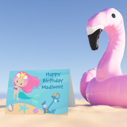 Cute Mermaid Girl Custom Kids Beach Happy Birthday Card