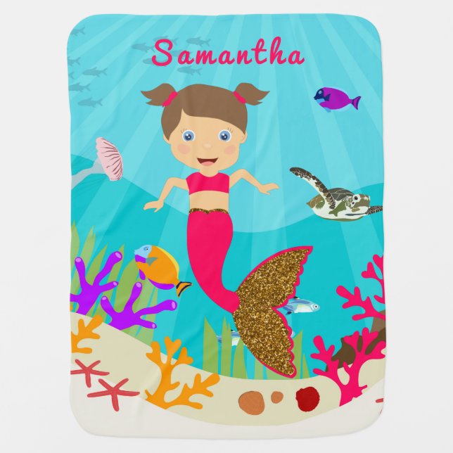 Cute Mermaid Girl in Colorful Ocean Baby Blanket (Front)