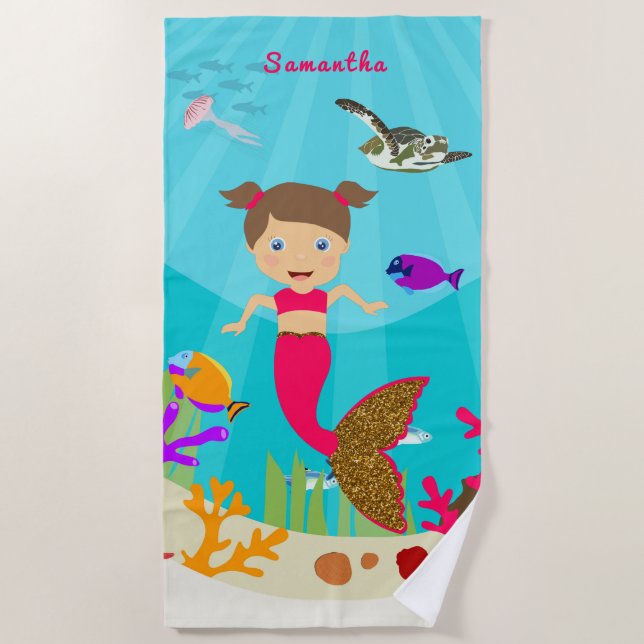 Cute Mermaid Girl in Colorful Ocean Beach Towel (Front)