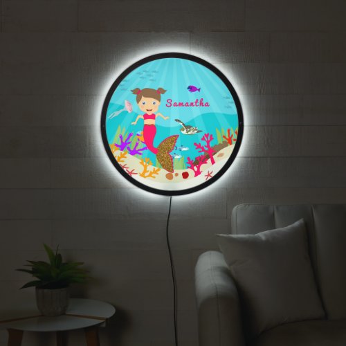 Cute Mermaid Girl in Colorful Ocean Bedroom LED Sign