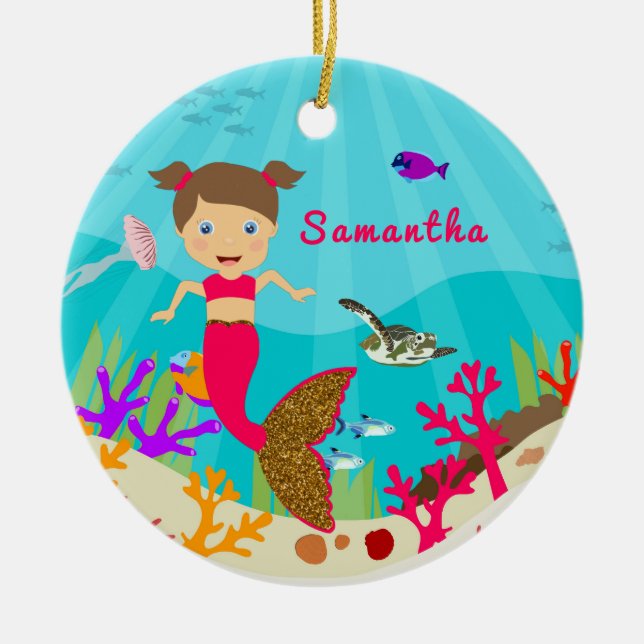 Cute Mermaid Girl in Colorful Ocean Ceramic Ornament (Front)