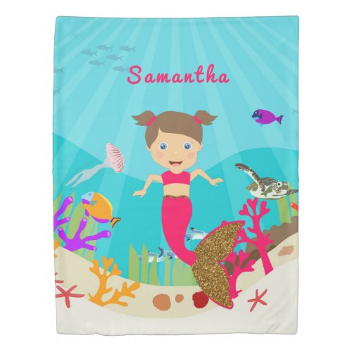 Cute Mermaid Girl in Colorful Ocean Duvet Cover