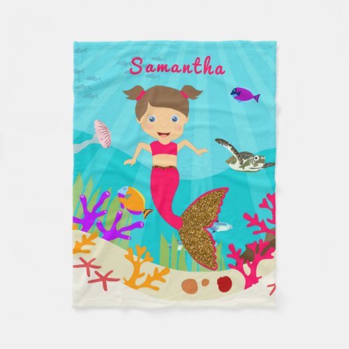 Cute Mermaid Girl in Colorful Ocean Fleece Blanket