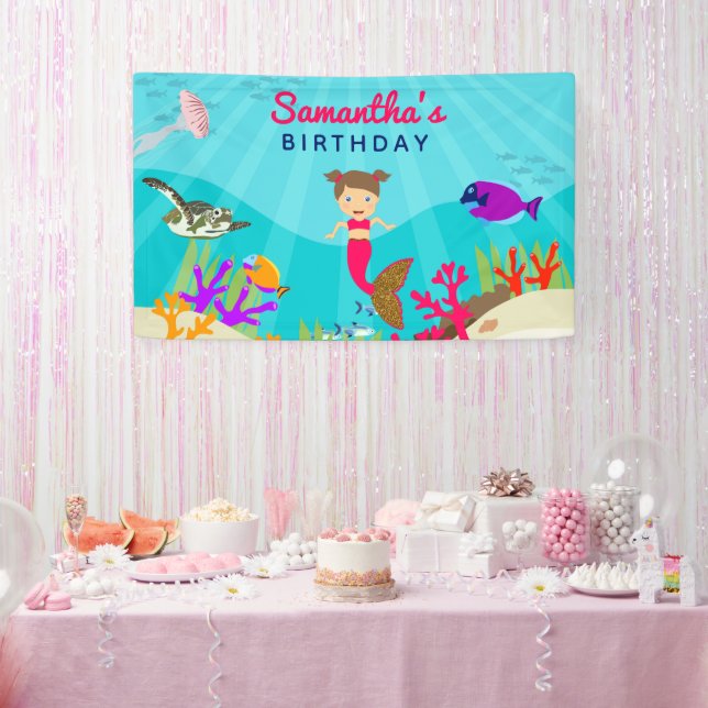 Cute Mermaid Girl in Colorful Ocean Girl Birthday Banner (Party)