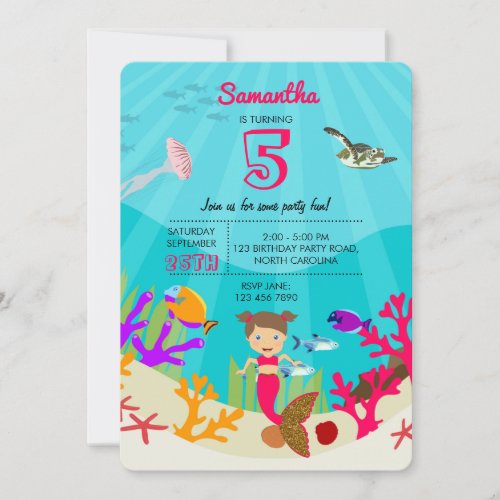 Cute Mermaid Girl in Colorful Ocean Girl Birthday Invitation