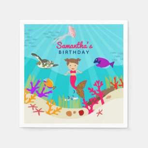 Cute Mermaid Girl in Colorful Ocean Girl Birthday Napkins