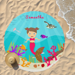 Cute Mermaid Girl in Colorful Ocean Kids Beach Towel