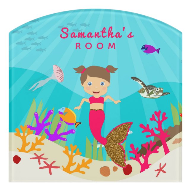 Cute Mermaid Girl in Colorful Ocean Nursery Door Sign (Contour Front)