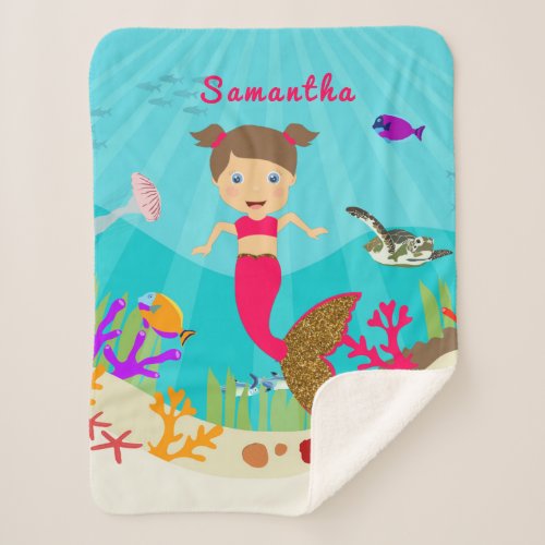 Cute Mermaid Girl in Colorful Ocean  Sherpa Blanket