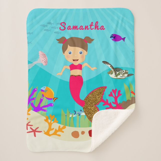Cute Mermaid Girl in Colorful Ocean  Sherpa Blanket (Front)